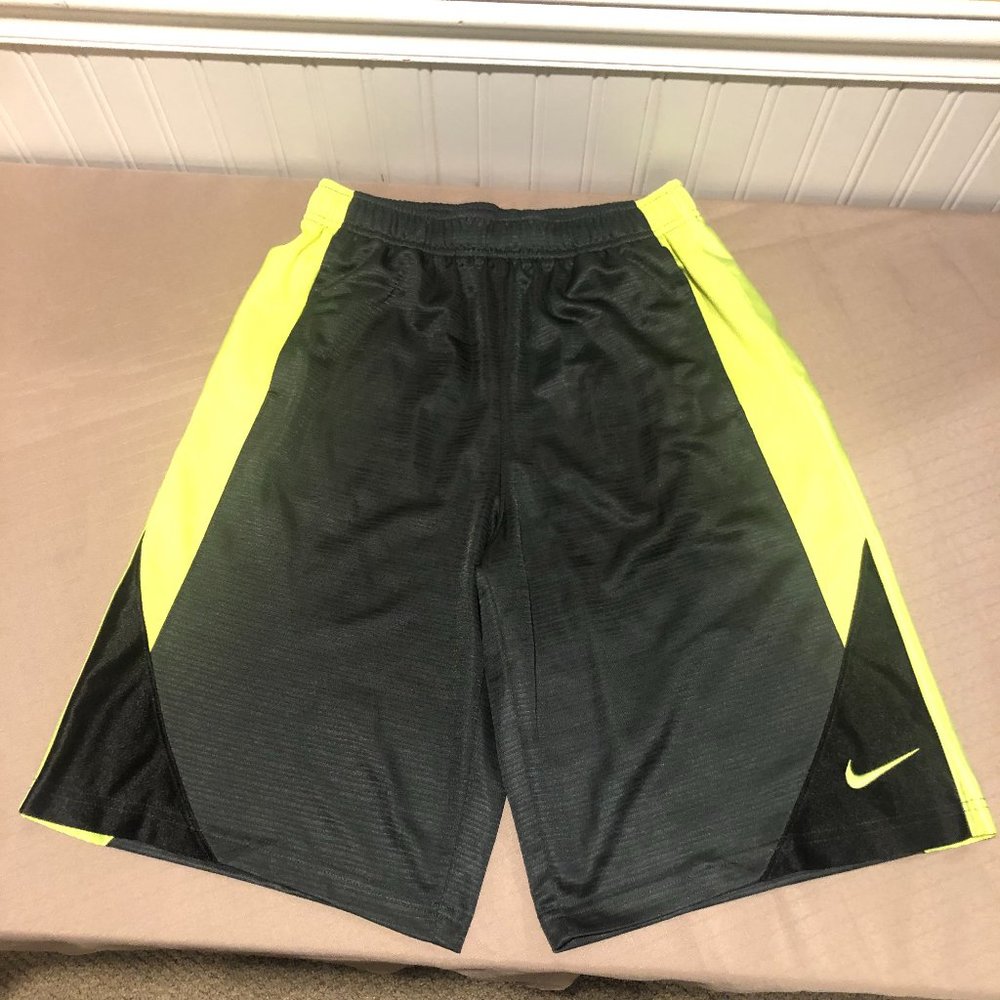 Nike Boys Athletic Shorts Size Large Black with Fluorescent Yellow on side